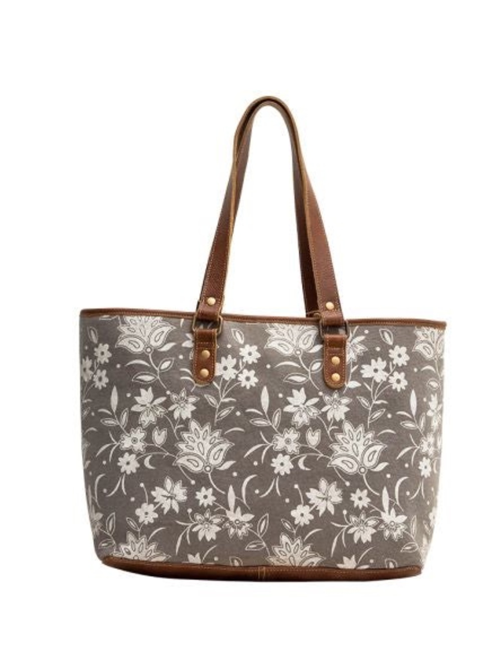 Myra Blaziken Gray Floral Canvas Tote Bag with Brown Trim and Handles